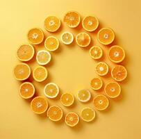 ai gerado laranja fatias estão arranjado dentro a forma do uma círculo em uma amarelo fundo foto