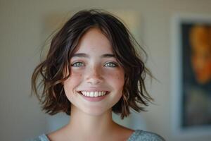 ai gerado uma alegre e encantador Adolescência menina com uma Penteado, radiante largamente, branco dentes enquanto foto