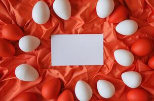 ai gerado branco esvaziar cartão colocada dentro uma círculo do vermelho e branco cerâmico ovos foto