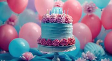ai gerado uma aniversário bolo com balões em Está superfície foto