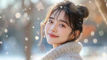 ai gerado uma radiante coreano mulher dentro uma acolhedor suéter, envelope de a suave brilho do inverno luzes foto
