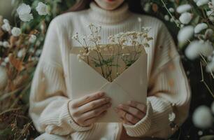 ai gerado uma pessoa abertura envelope com flores e folhas dentro foto