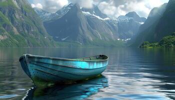 ai gerado uma pequeno azul barco é flutuando dentro a meio do a água com montanhas atrás isto foto