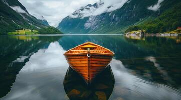 ai gerado uma de madeira barco flutuando em uma calma lago dentro Noruega, foto