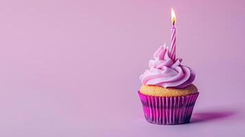 ai gerado aniversário vívido fundo com Bolinho com vela em Rosa foto