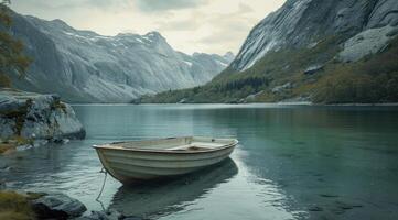 ai gerado barco em uma lago perto montanhas foto