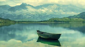 ai gerado barco em uma lago perto montanhas foto
