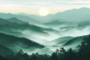 ai gerado sobre montanha névoa floresta e montanha vale às nascer do sol névoa foto