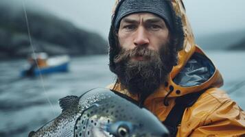 ai gerado pescador com fresco pegar dentro outono rio foto