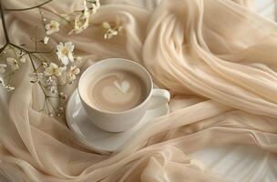 ai gerado bronzeado cachecol em branco branco fundo com copos do café e flor brotos foto