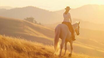 ai gerado dourado hora andar de. equestre aventura dentro a colinas foto