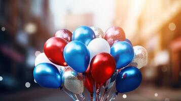 ai gerado patriótico balão ramalhete com festivo bokeh foto