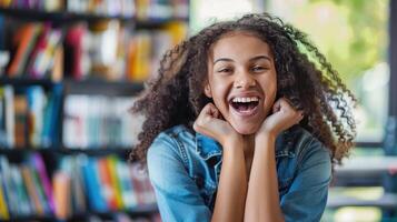 ai gerado uma mestiço menina é animado para início dela estudos depois de a feriados foto