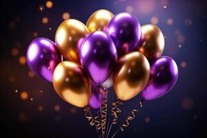 ai gerado colorida ouro e roxa balões às uma festa em uma Sombrio fundo foto