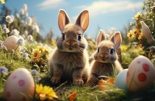 ai gerado Páscoa coelhos dentro uma campo do colorida ovos foto