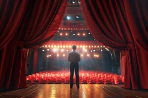 ai gerado a vermelho cortinas estão abertura para a teatro mostrar. generativo ai foto