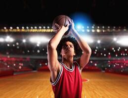 basquetebol jogador pronto para tiro a bola durante uma Combine foto