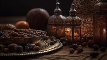 ai gerado hari raya aidilfitri ou eid al-fitr cumprimento cartão. árabe lanternas, datas e nozes. foto