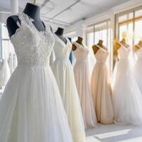 ai gerado uma coleção do diferente estilo Casamento vestidos vitrines diverso estilos dentro nupcial boutique foto