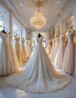 ai gerado uma coleção do diferente estilo Casamento vestidos vitrines diverso estilos dentro nupcial boutique foto