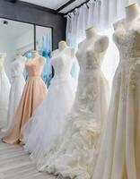 ai gerado uma coleção do diferente estilo Casamento vestidos vitrines diverso estilos dentro nupcial boutique foto