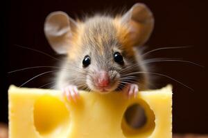 ai gerado adorável Castanho rato mordiscando em uma peça do queijo dentro uma aconchegante, rústico cozinha configuração foto