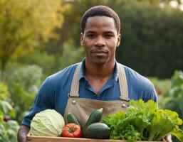 ai gerado retrato do uma agricultor dentro a jardim. ai geração. foto