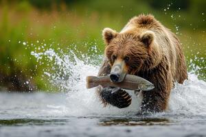 ai gerado Castanho Urso triunfantemente ganancioso uma brilhante peixe. generativo ai. foto