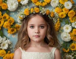 ai gerado retrato do uma menina com amarelo flores foto