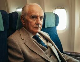 ai gerado a imagem do uma respeitável idosos homem dentro uma clássico terno dentro a interior do a avião cabine. foto