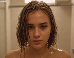 ai gerado imagem do uma jovem mulher com molhado cabelo dentro a banheiro. ai geração foto