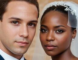 ai gerado Casamento retrato do uma jovem africano americano casal. foto