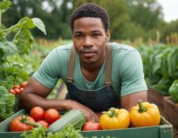 ai gerado retrato do uma agricultor dentro a jardim. ai geração. foto