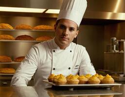 ai gerado retrato do uma cozinhar dentro a cozinha .geração do ai. foto