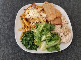 caseiro grelhado frango com grelhado abobrinha, verde salada, francês fritas, queijo e salsinha foto