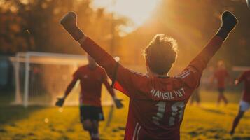 ai gerado a celebração do uma jogador Como elas Assistir a bola eles têm somente tiro mosca para a meta, braços elevado dentro antecipação, a objetivo e a guardador dentro a fundo foto