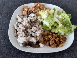 caseiro grelhado frango com grelhado picado beringela, verde salada, e arroz Arroz a grega com cogumelos foto