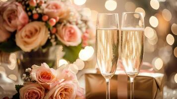 ai gerado dois champanhe óculos tilintar juntos dentro celebração do a aniversário, com uma lindo ramalhete do flores e a elegantemente embrulhado presente dentro a fundo. foto