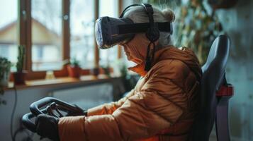 ai gerado idosos pessoa vestindo vr óculos enquanto ciclismo em uma estacionário bicicleta às lar, com virtual paisagens em torno da eles, enfatizando a combinação do tecnologia e fisica atividade foto