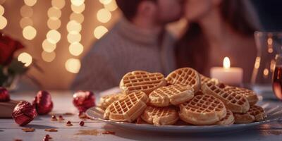 ai gerado romântico café da manhã, em forma de coração waffles em uma mesa conjunto para dois, uma casal em a beira do uma beijo. perfeitamente adornado para dia dos namorados dia. foto