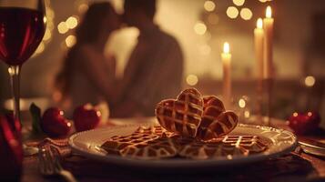 ai gerado romântico café da manhã, em forma de coração waffles em uma mesa conjunto para dois, uma casal em a beira do uma beijo. perfeitamente adornado para dia dos namorados dia. foto