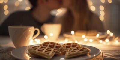 ai gerado romântico café da manhã, em forma de coração waffles em uma mesa conjunto para dois, uma casal em a beira do uma beijo. perfeitamente adornado para dia dos namorados dia. foto