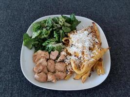 caseiro grelhado frango com francês fritas, queijo e verde salada, servido em uma branco prato foto