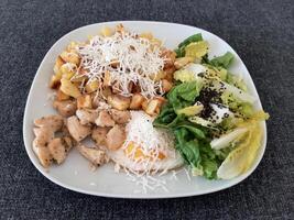 caseiro grelhado frango com francês fritas, queijo e verde salada, servido em uma branco prato foto