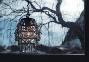 lustre brilhando suspensão em janela peitoril com árvore foto