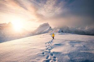 alpinista caminhando com pegada dentro neve tempestade e nascer do sol sobre Nevado montanha dentro senja ilha foto