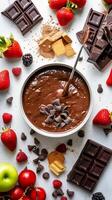 ai gerado chocolate fondue, tigela do rico e aveludado chocolate fondue cercado de a sortimento do mergulho frutas e guloseimas, fundo imagem, generativo ai foto