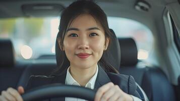 ai gerado retrato do uma feliz ásia empresária dirigindo uma luxo carro, generativo ai foto