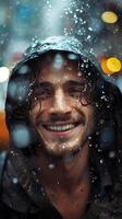 ai gerado retrato do uma sorridente jovem branco masculino encharcado dentro pesado chuva, generativo ai, fundo imagem foto