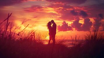 ai gerado silhueta do uma casal abraçando contra uma colorida pôr do sol, dia dos namorados dia vibrações, fundo imagem, generativo ai foto